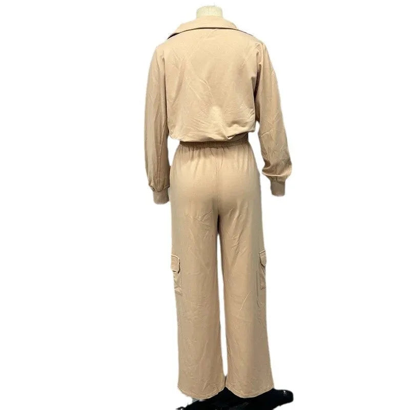 Women's light camel polyester lapel short sleeve top and wide leg trousers two-piece set on a hanger.