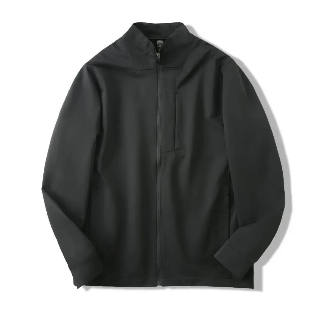 Men's black stand collar polyester sports casual jacket with long sleeves and straight hem