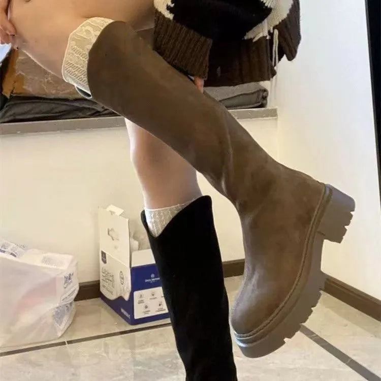 Women's solid colour wide-leg high-elasticity boots with mid heel and waterproof platform, available in black and brown