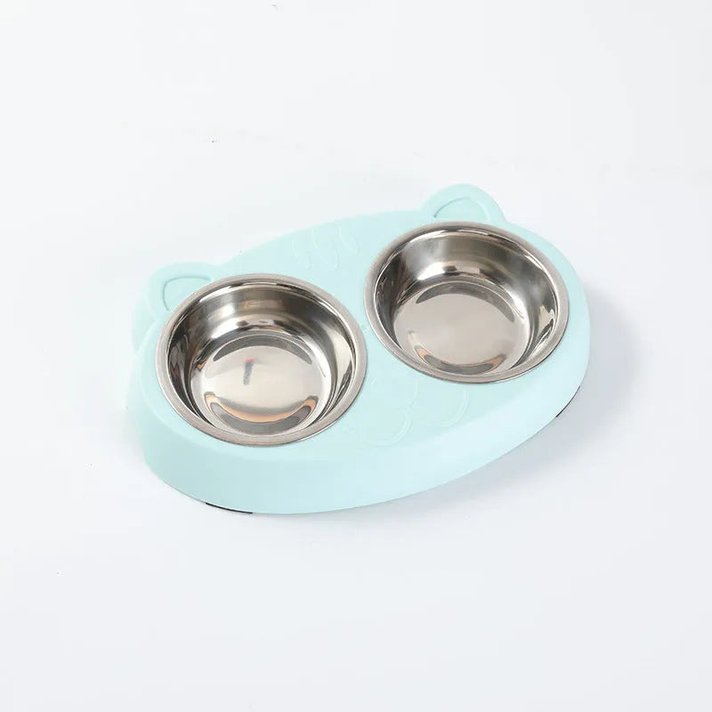 Blue macaron-shaped plastic pet feeder tray with two bowls for cat or dog food and water.