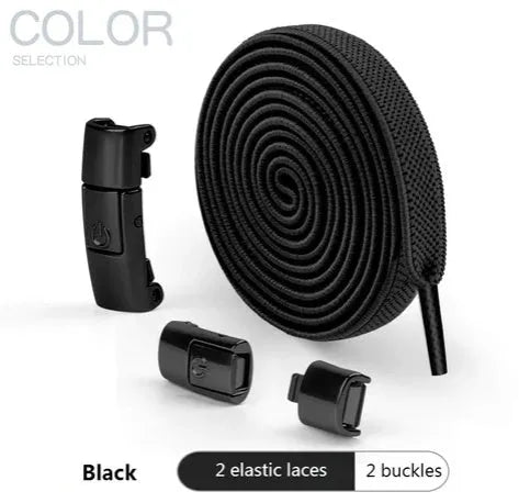 Pair of black 8mm wide flat press lock elastic shoelaces for no-tie fastening on sneakers