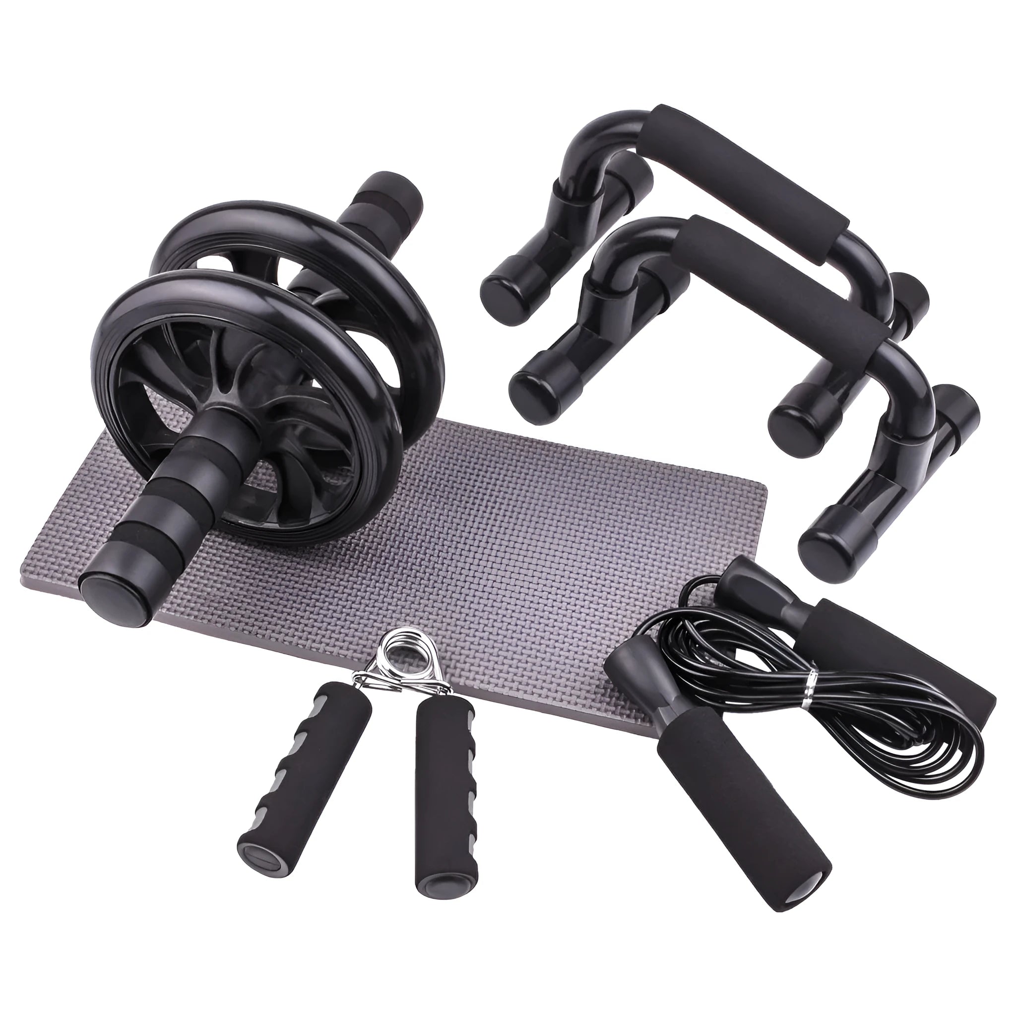 Plastic abdominal wheel set with kneeler mat bracket handle and skipping rope in glossy black