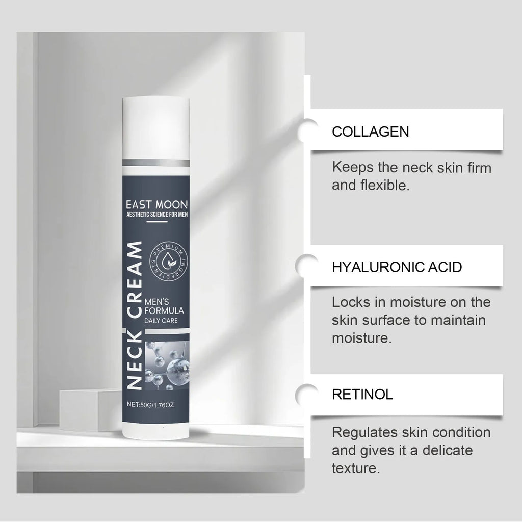 Men's neck stretch cream 50g container with collagen, hyaluronic acid, retinol, and vitamin E
