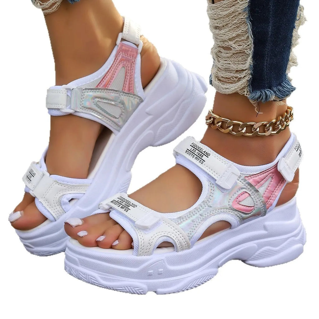 Women's white Roman platform sports sandals with strapped PU upper on a rubber sole.