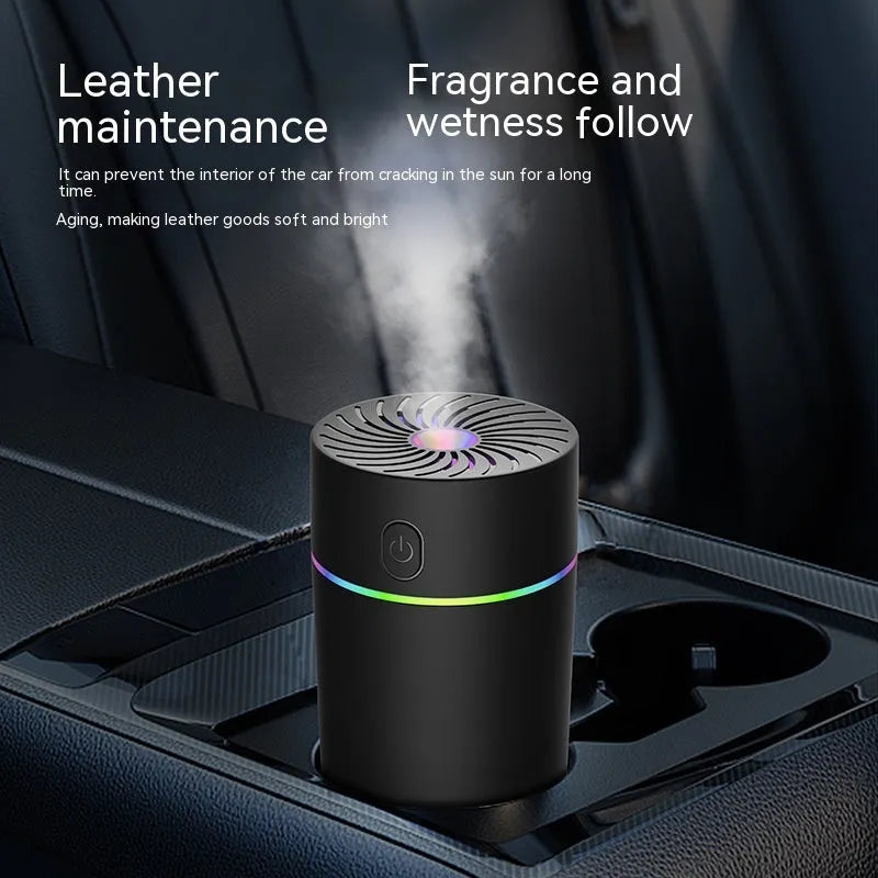 New car USB mini humidifier with aromatherapy function in white, shown with timer dial