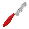 Red plastic handle pet grooming comb with dual-length stainless steel teeth for removing mats and tangles.
