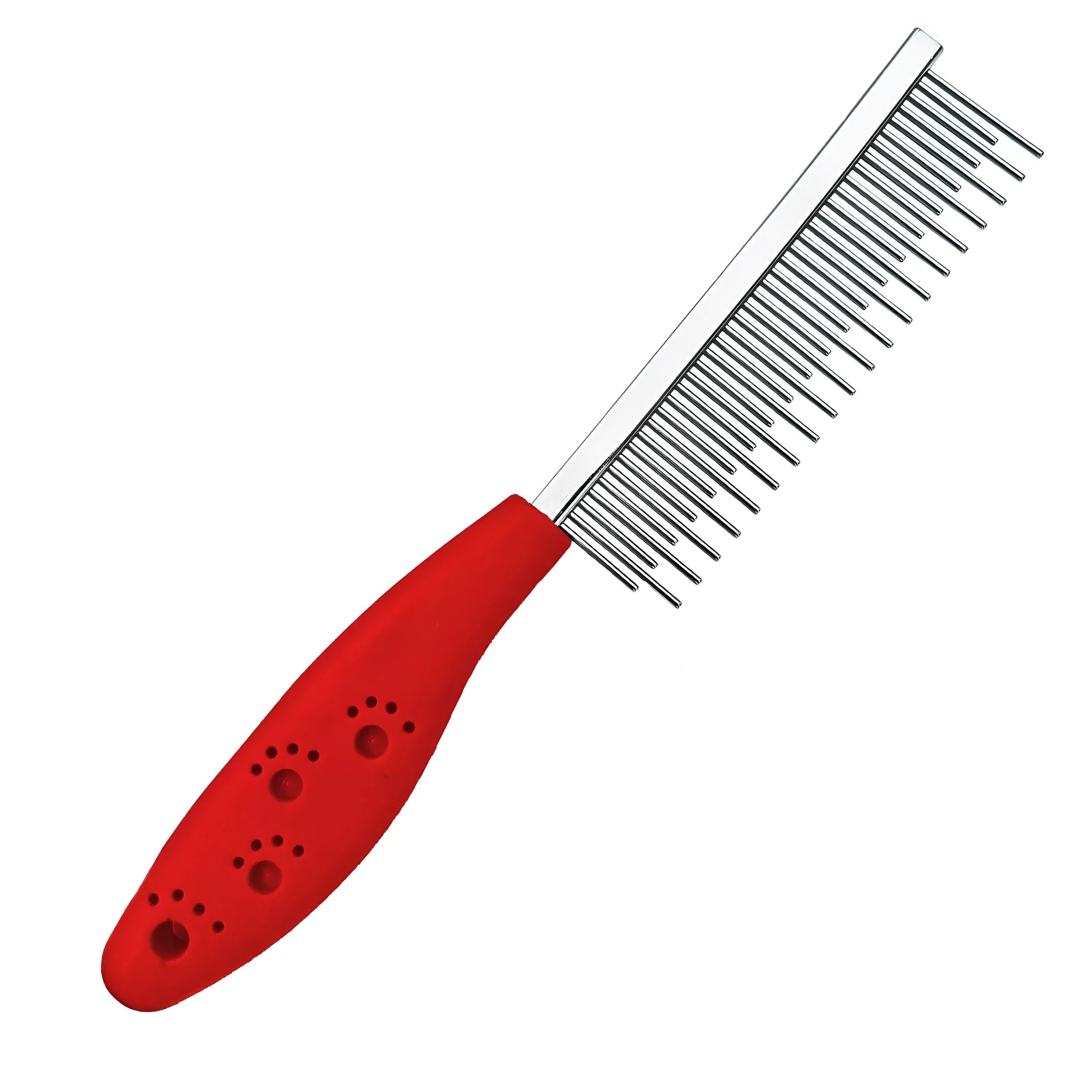 Red plastic handle pet grooming comb with dual-length stainless steel teeth for removing mats and tangles.
