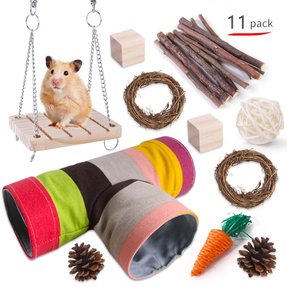 Wooden pet toy set with straw mats and woven balls for rabbits and guinea pigs