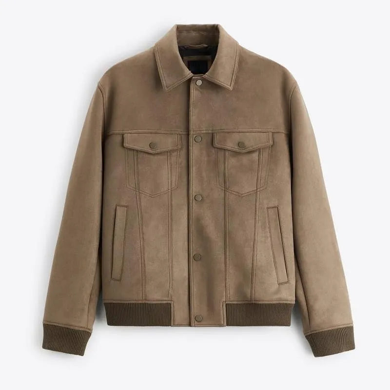 British style suede velvet commuter jacket in spandex available in mink and light grey colours