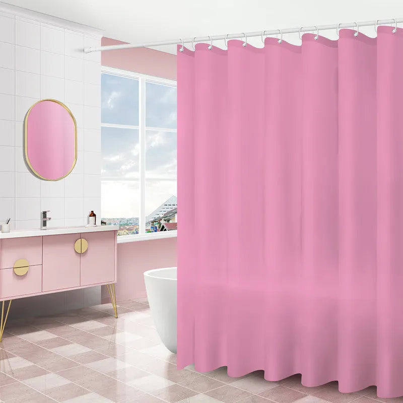 PEVA shower curtain with stainless steel buttonholes in a geometric pattern, available in multiple sizes and colours