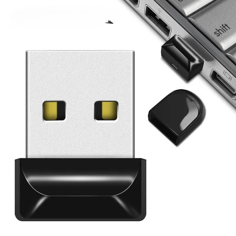 Metal USB storage disc necklace with chain accessory showing compact 10mm square design