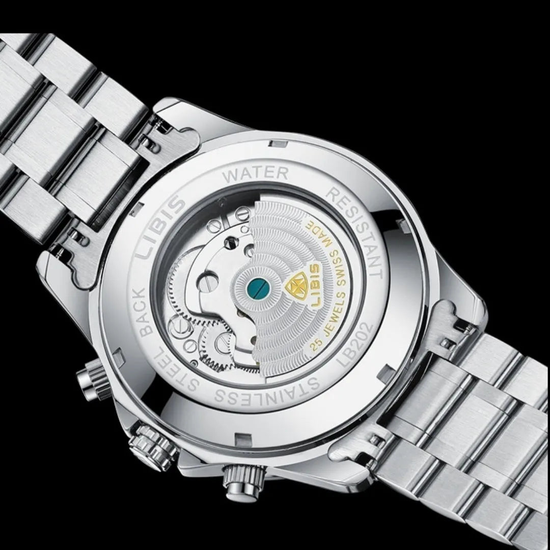 Men's silver steel automatic perpetual calendar mechanical watch with stainless steel strap and sapphire crystal