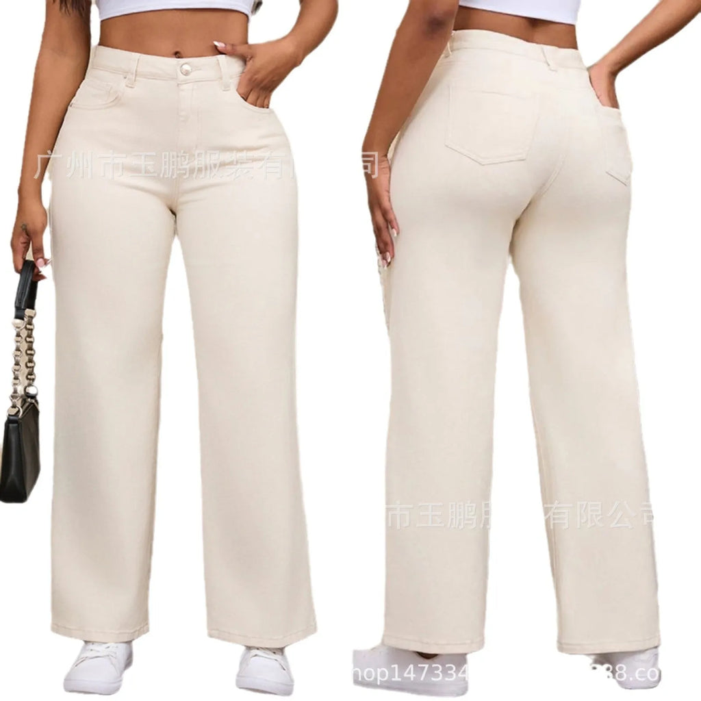 Women's high-waist straight leg cotton trousers in apricot colour, showing wide-leg silhouette.