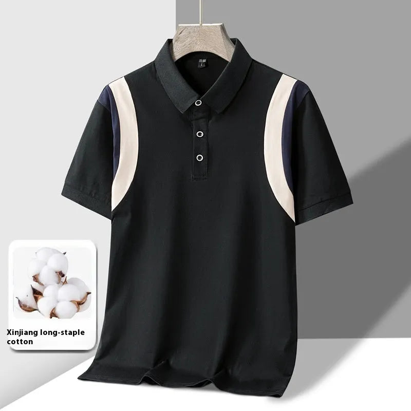 Men's striped cotton lapel-collar T-shirt in loose Korean fit for summer.