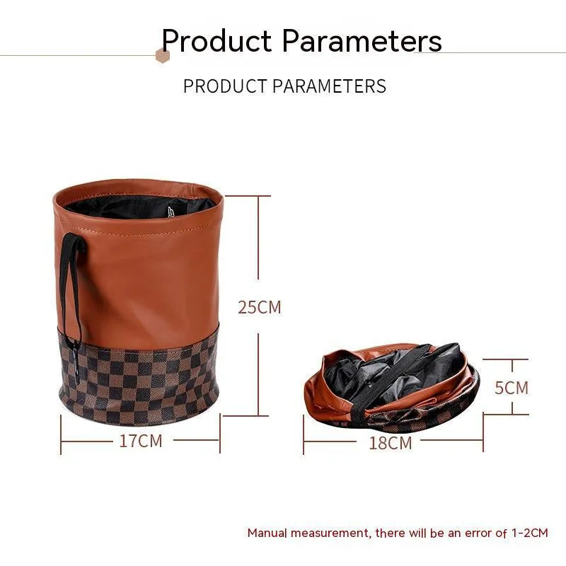 Retractable leather car bin in folded and expanded states showing handle and waterproof construction