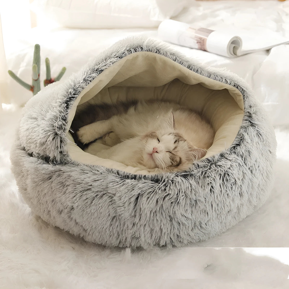 Cozy cocoon pet bed in brown fabric, hooded design for dogs and cats, machine washable