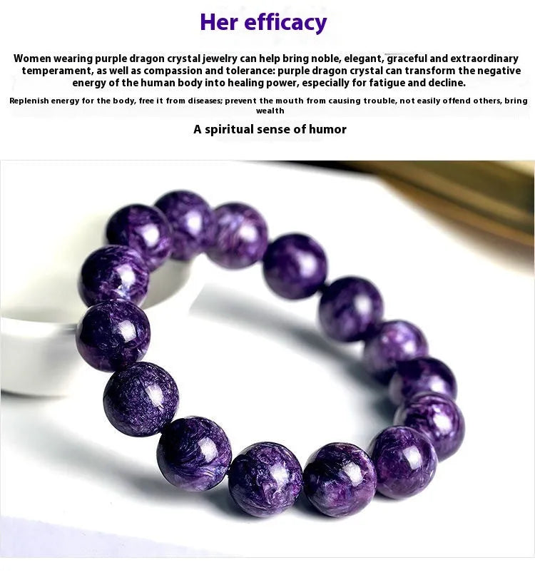 Natural transparent charoite crystal bracelet with platinum metal accents in hands bead design