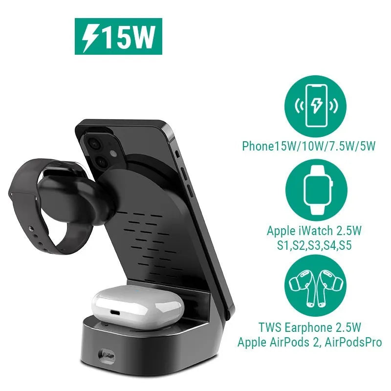 Black grey foldable 3-in-1 wireless charger stand holding a phone, Apple Watch and AirPods case.