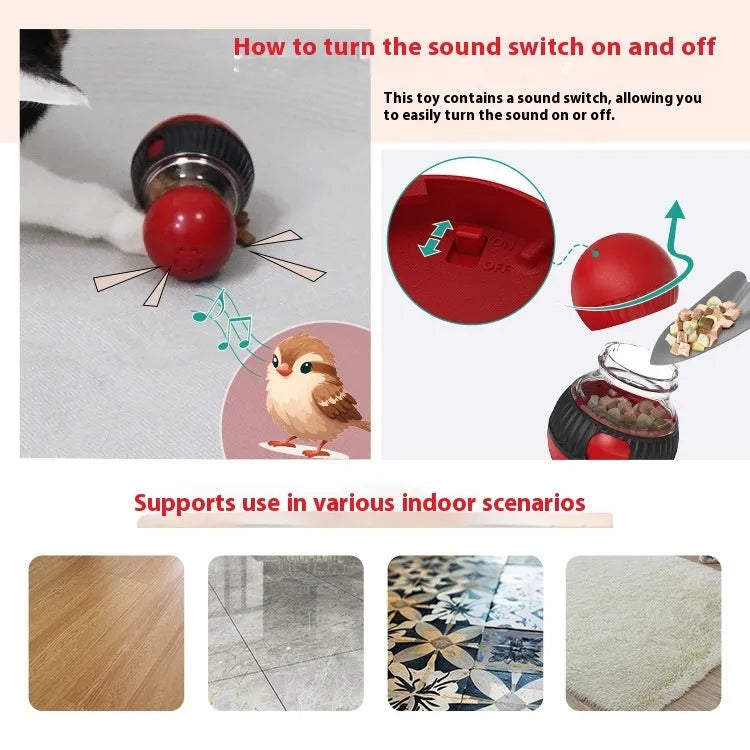 Rotating plastic cat toy in Super Ball colour with food-dropping and sound features.