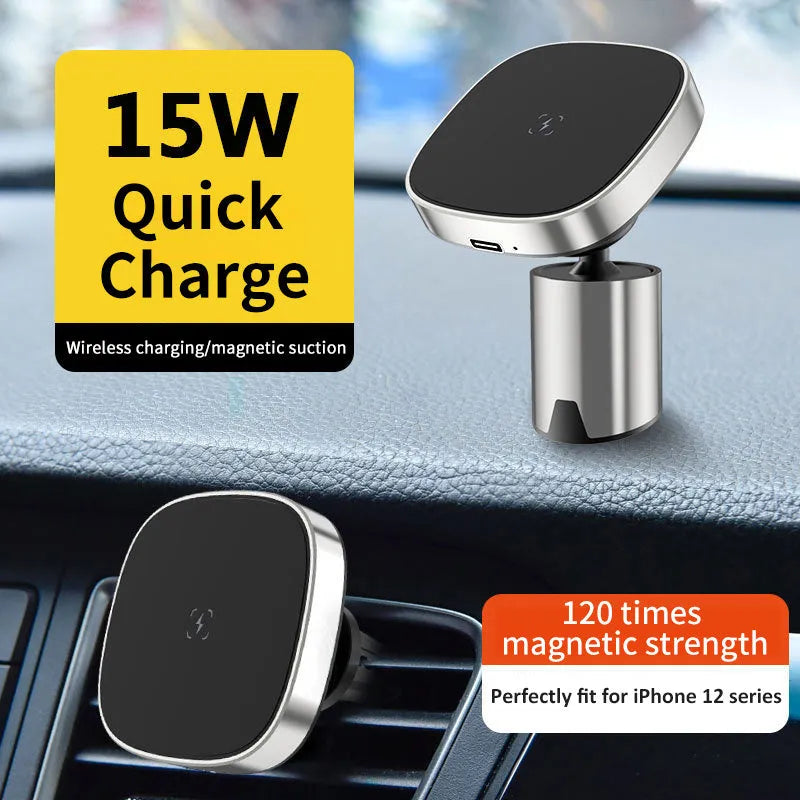 Grey magnetic wireless car phone charger holder for iPhone 12 series on dashboard