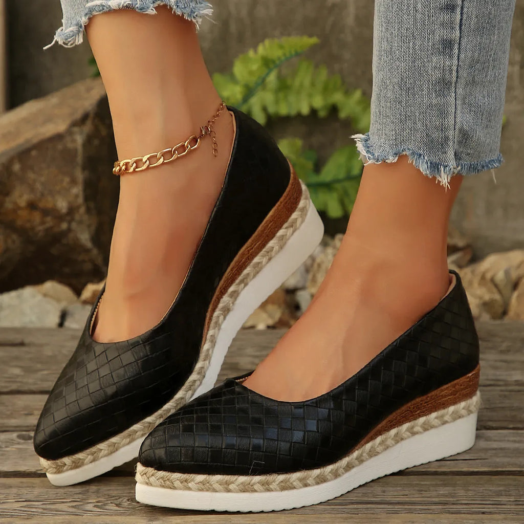 Women's pointed toe wedge platform shoes in black, low-cut casual high heel design