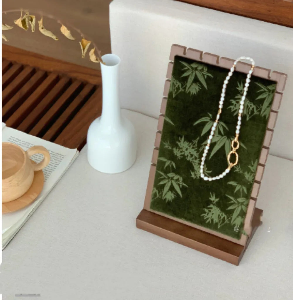 Solid wood walnut necklace display stand with ink painting bamboo design jewellery rack