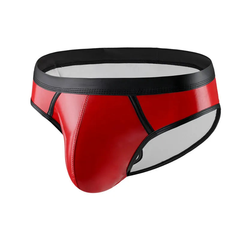 Men's gold patent leather-look bikini swim briefs with low-rise waist