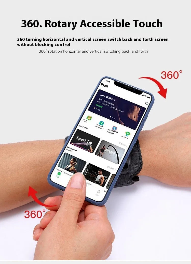 Black mobile phone holder worn on wrist showing smartphone compatibility for delivery and sports use