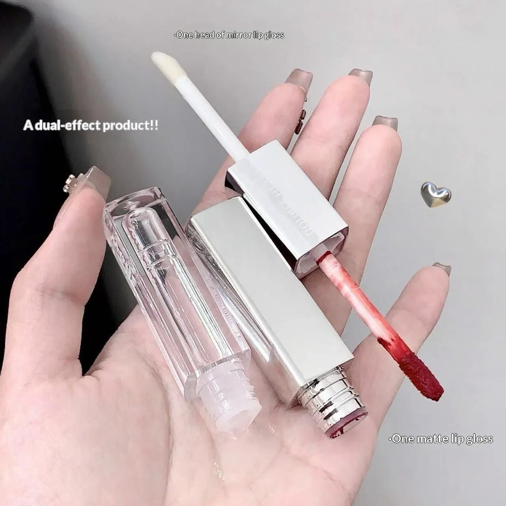 Double-ended matte velvet lip gloss set with five shades: Raspberry Sweet Peach, Candied Tomato, Cold Brew Oolong, Maple Honey Soft Candy, Peach Monroe