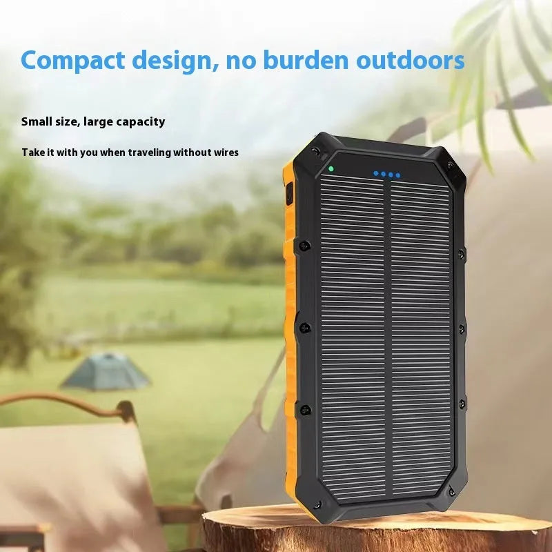 Solar charging unit outdoor portable power supply in black, with solar panel and USB ports, 167x85x22mm