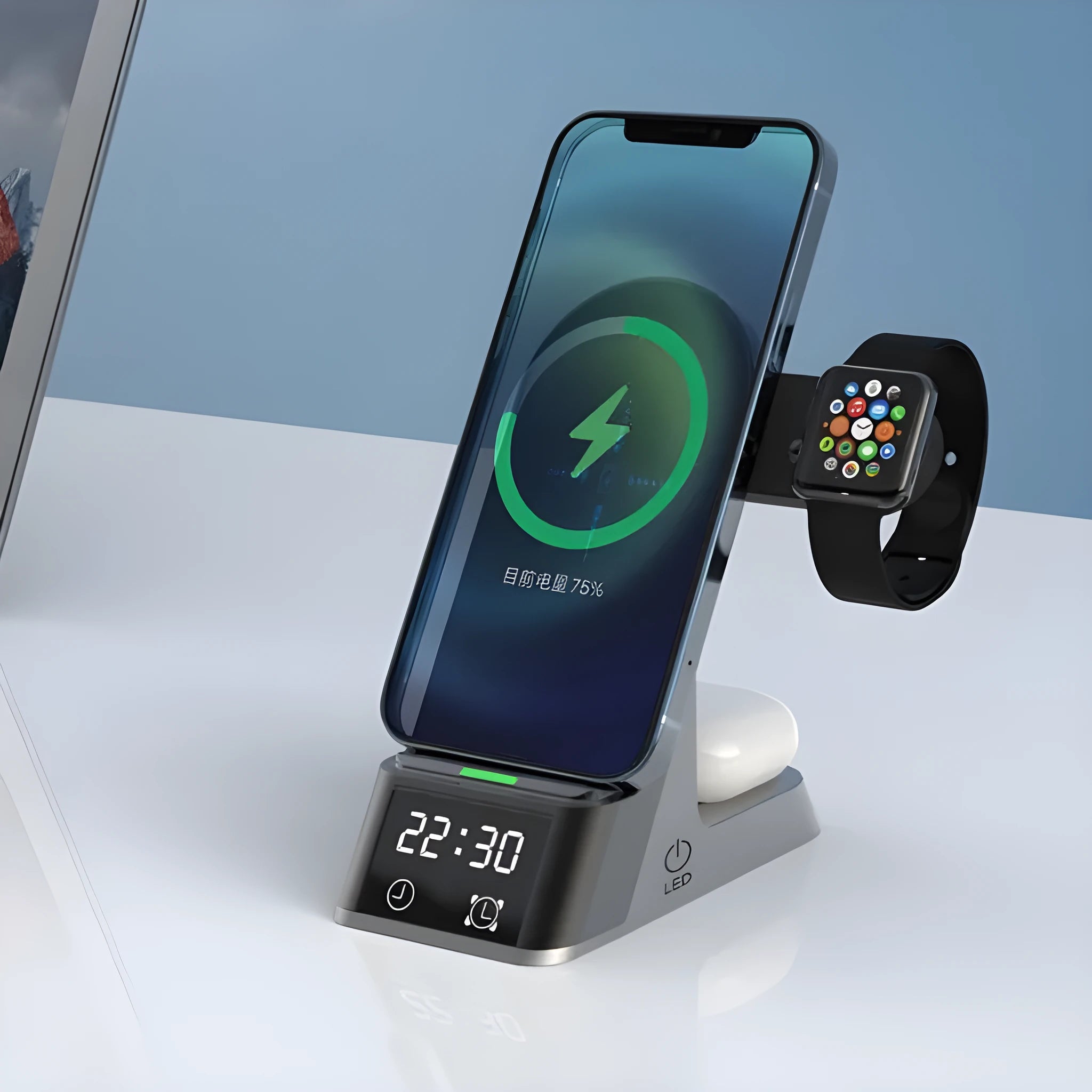 Black multifunctional alarm clock with wireless charging pad, Apple Watch dock, and USB-A port on bedside table.