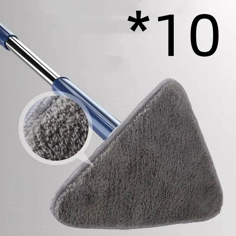 Blue triangle cleaning mop with rotating head and extendable stainless steel pole on a tiled floor