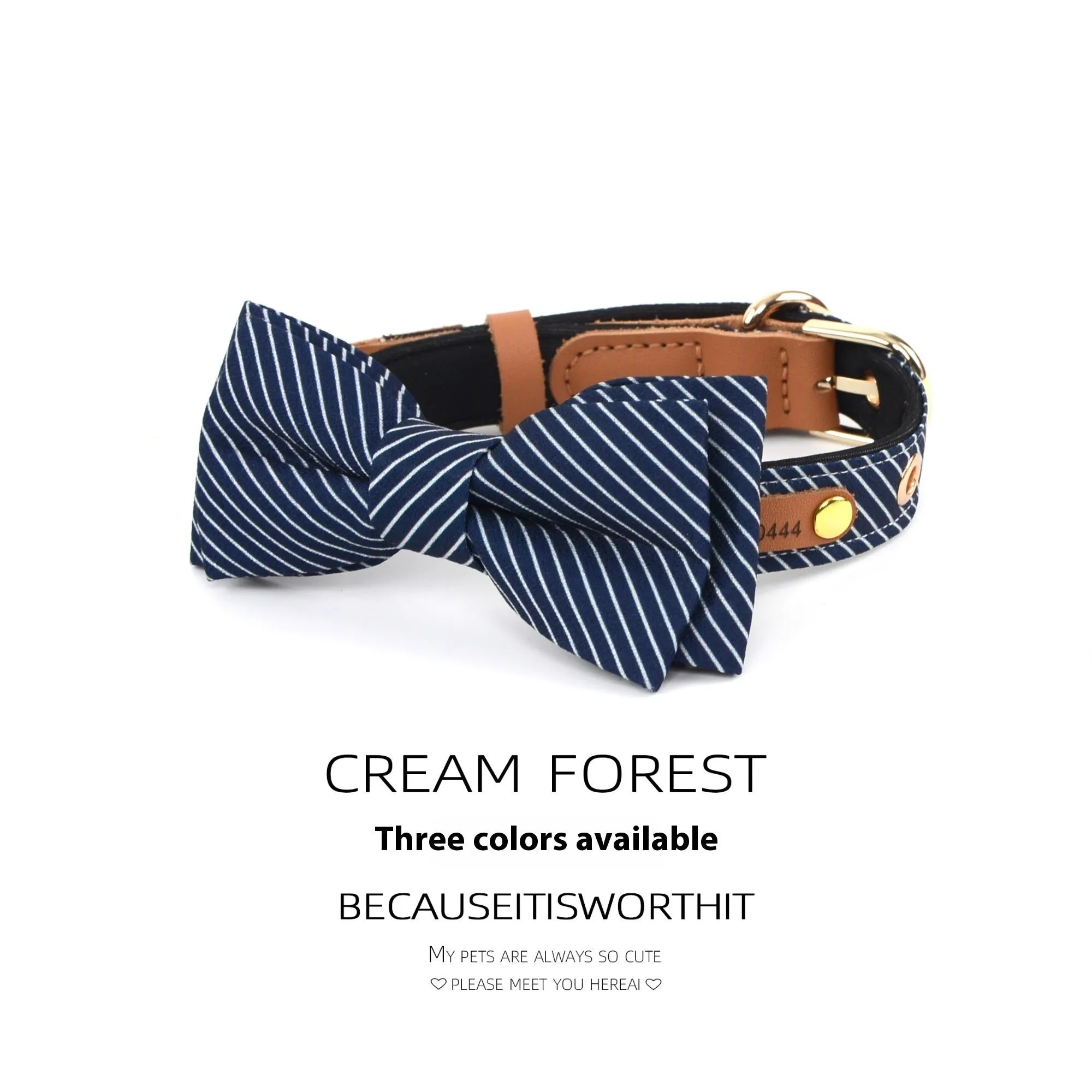 Simple cotton dog collar with detachable leather-accented bow in three colour options