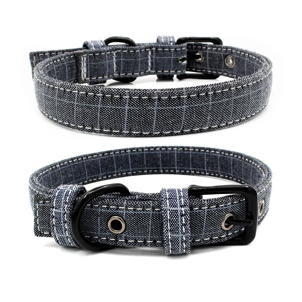 Double layer reflective canvas dog collar with metal D-ring, available in multiple sizes and colours