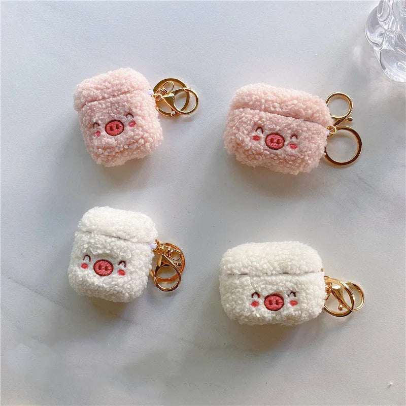 Beige plush pig flannel protective cover with bracelet for AirPods case, cartoon animal design