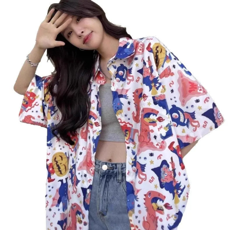 Women's summer retro full printed short-sleeved shirt in loose fit polyester, shown in picture colour