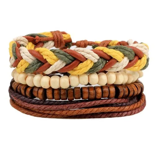 Handmade adjustable leather wrap bracelet with wooden beads on a wrist.
