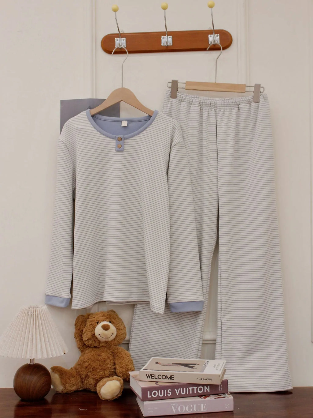 Women's velvet round neck pullover pyjama set with long sleeves and striped trousers in light blue