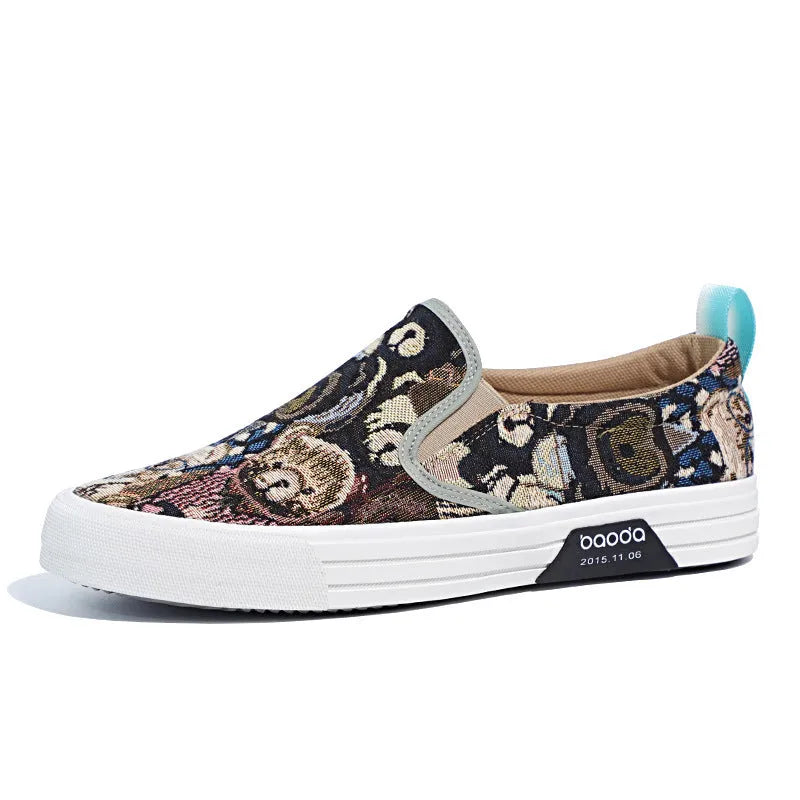 Khaki coloured canvas low-top slip-on sneakers with vulcanised rubber soles and a round toe.