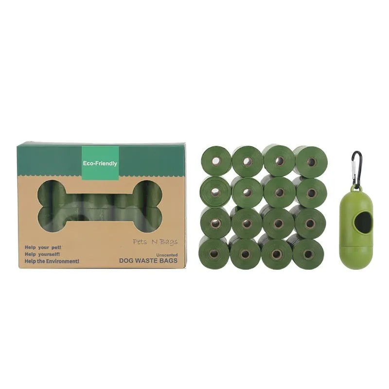 Green roll of EPI degradable thickened pet poop bags next to a green dispenser unit on a white background.