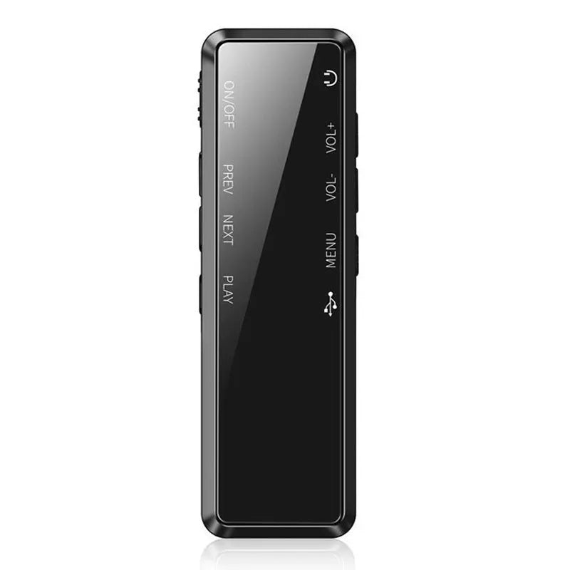 Black zinc alloy USB voice recorder and MP3 player showing LCD screen and USB connector.