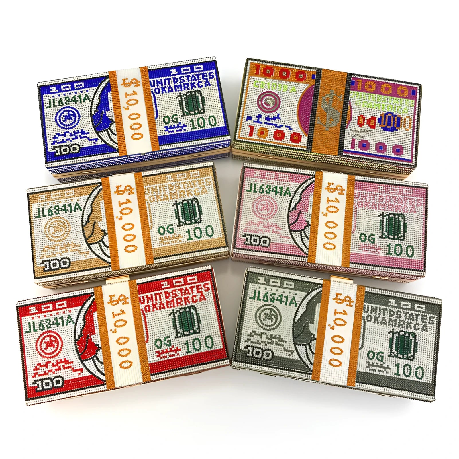 Women's crystal diamond cash dollars clutch purse chain handbag with US dollar banknote pattern, PVC material, 20.5cm size