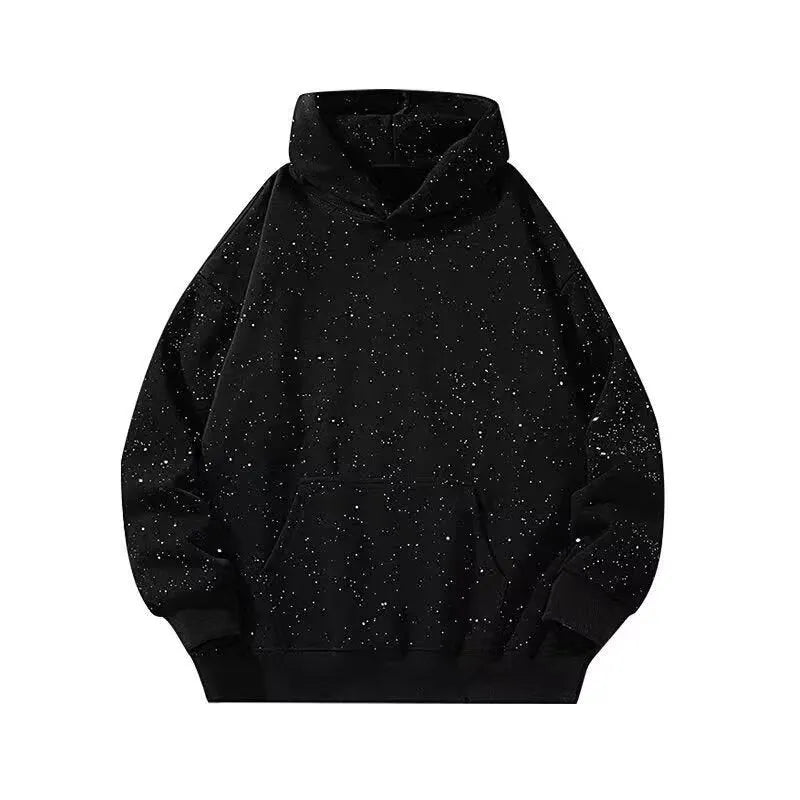Black starry hooded sweater with letter pattern, loose fit, for men and women, polyester fibre, sizes M to 3XL