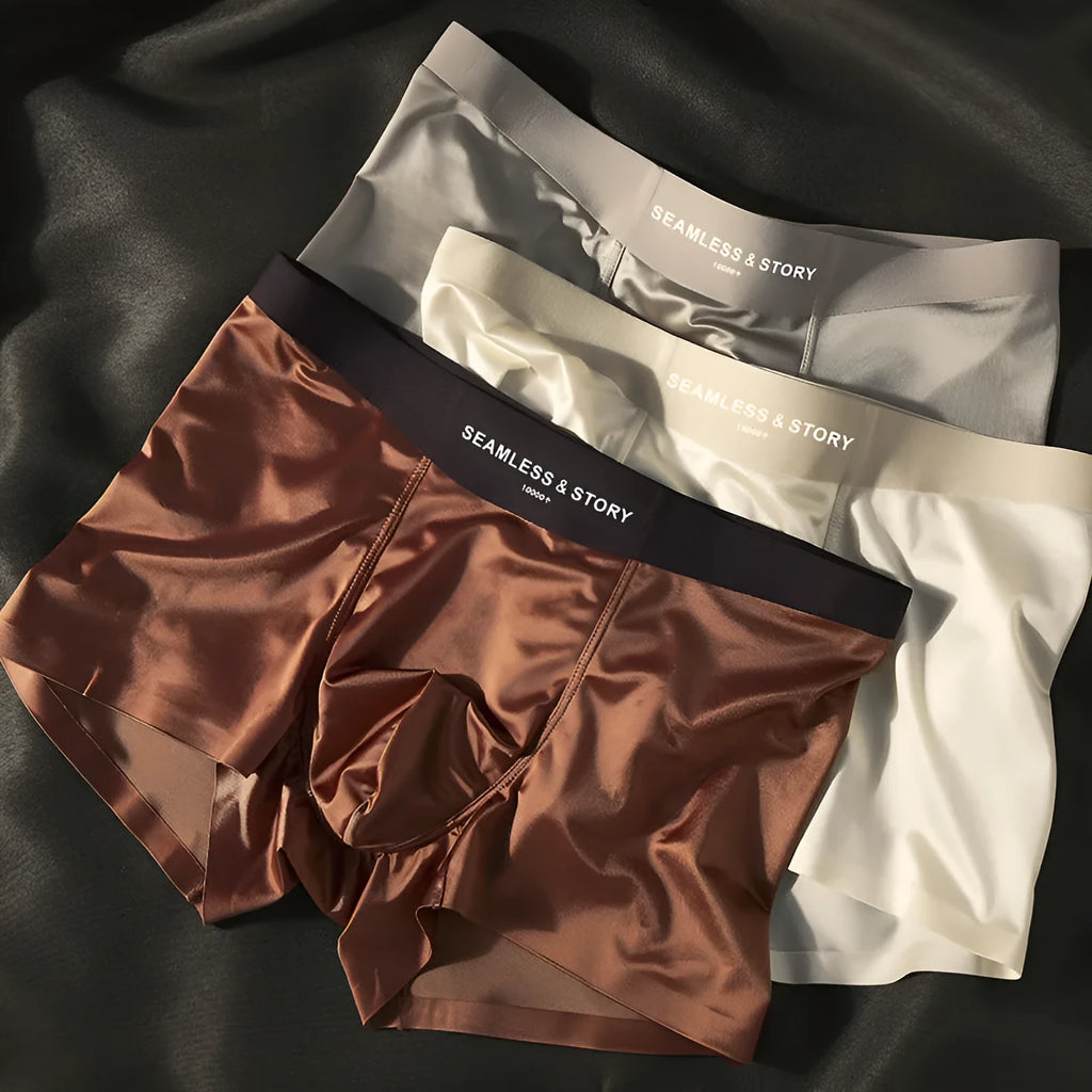 Men's ice silk boxer shorts in solid colours showing mid waist traceless design