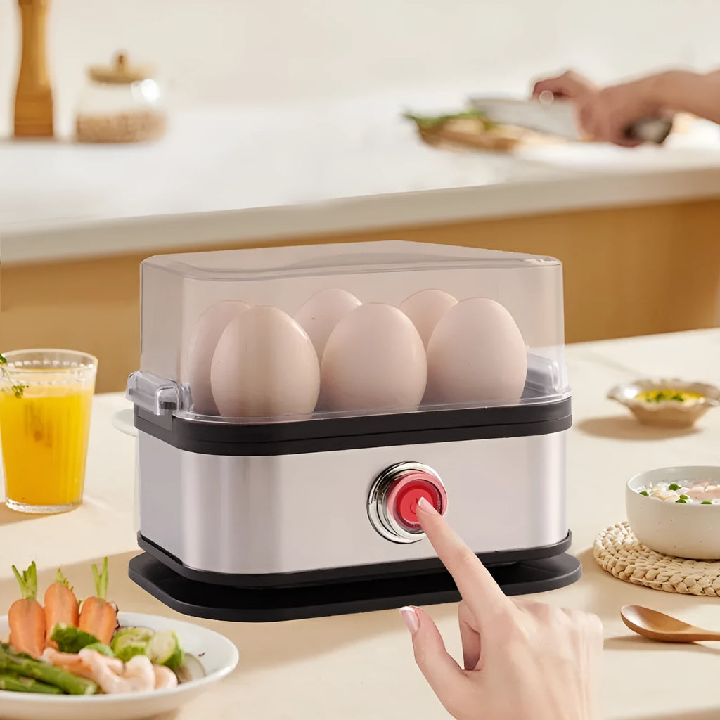 Black stainless steel portable egg boiler with car adapter plug for travel cooking