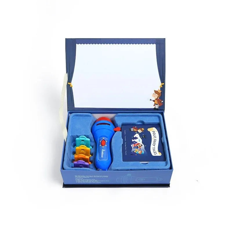 SmartKids children's story projector torch with four coloured fairy tale discs on a white background.