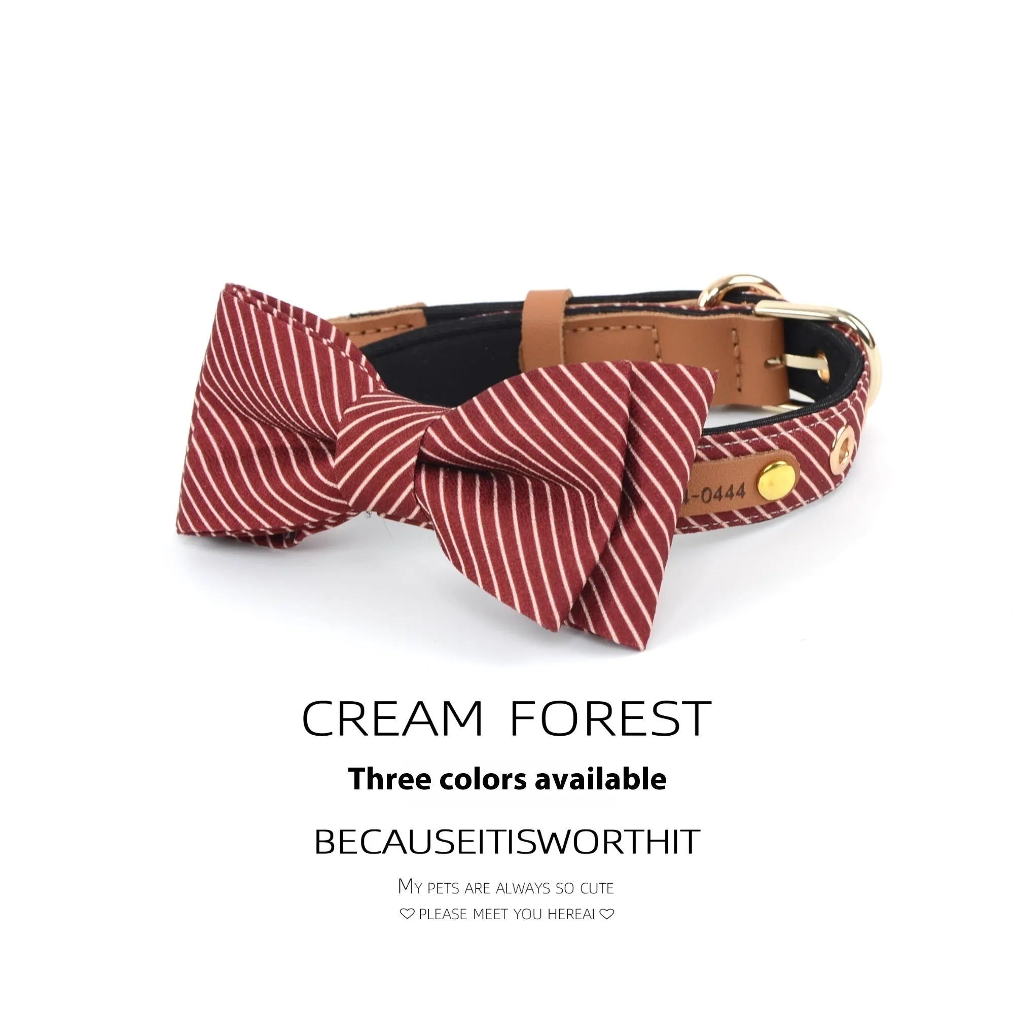 Simple cotton dog collar with detachable leather-accented bow in three colour options