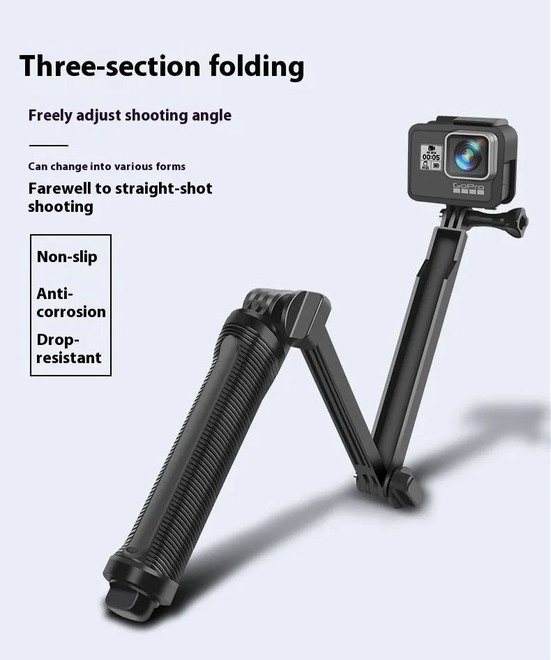 Black portable folding tripod bracket for GoPro Hero action cameras on a flat surface.