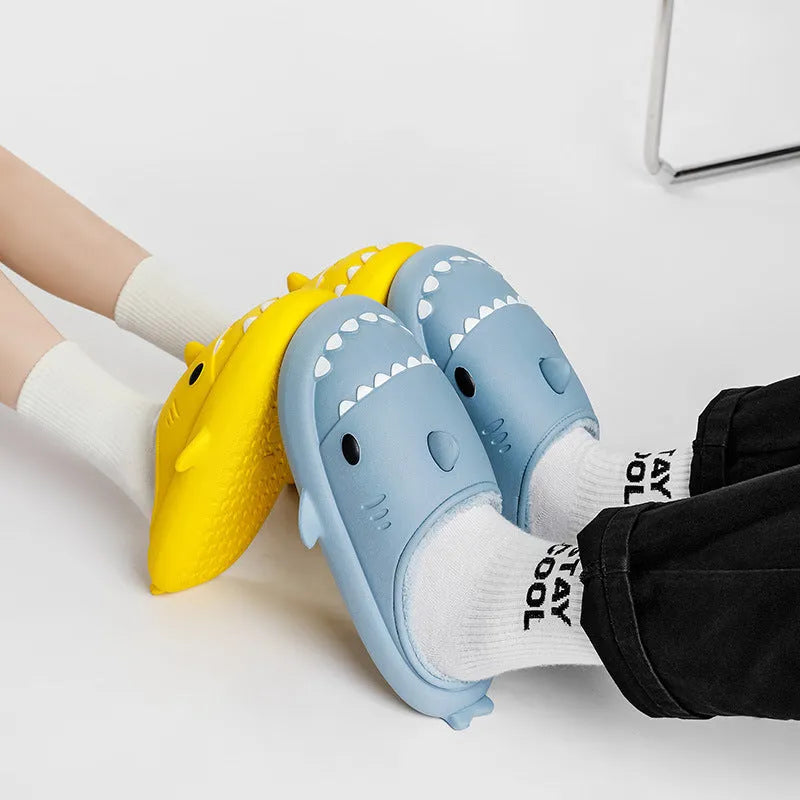 Cartoon shark EVA slippers in yellow couple colour with Baotou closed-toe style and thickened sole