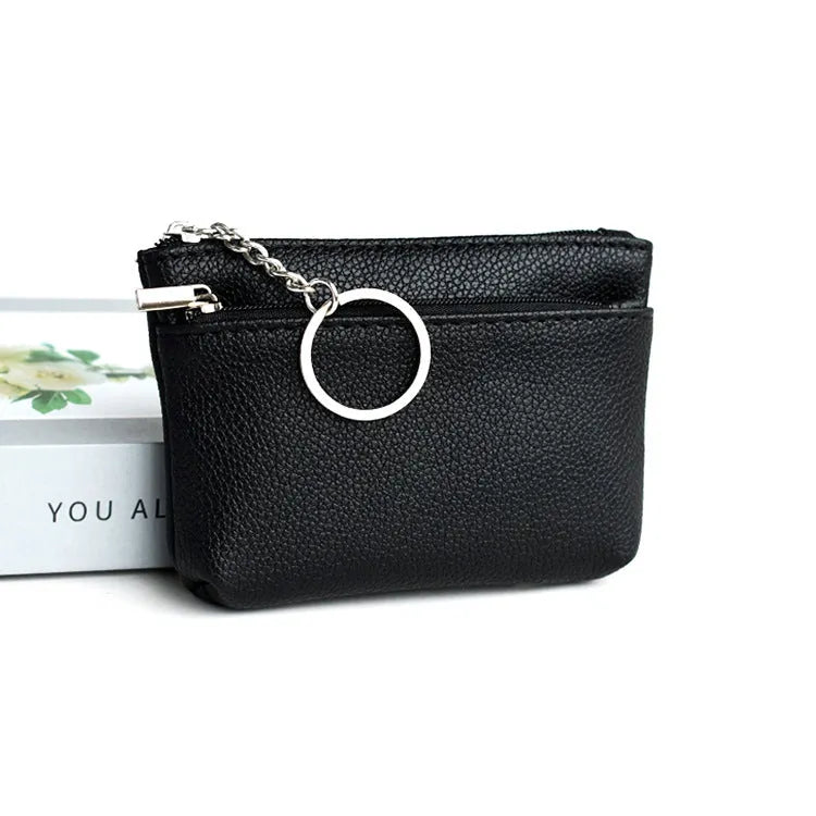 Women's Korean-style soft leather key wallet in solid colour with lychee grain texture, short length, and ID card slot